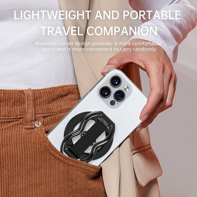 RESPECTED-BRO-Magnetic-Phone-Grip-Stand-with-Finger-Strap, 4-in-1 Magnetic Ring Holder, Kickstand and Elastic Strap for Smartphones, Universal Fit for iPhone, Android, and Cases (Black)