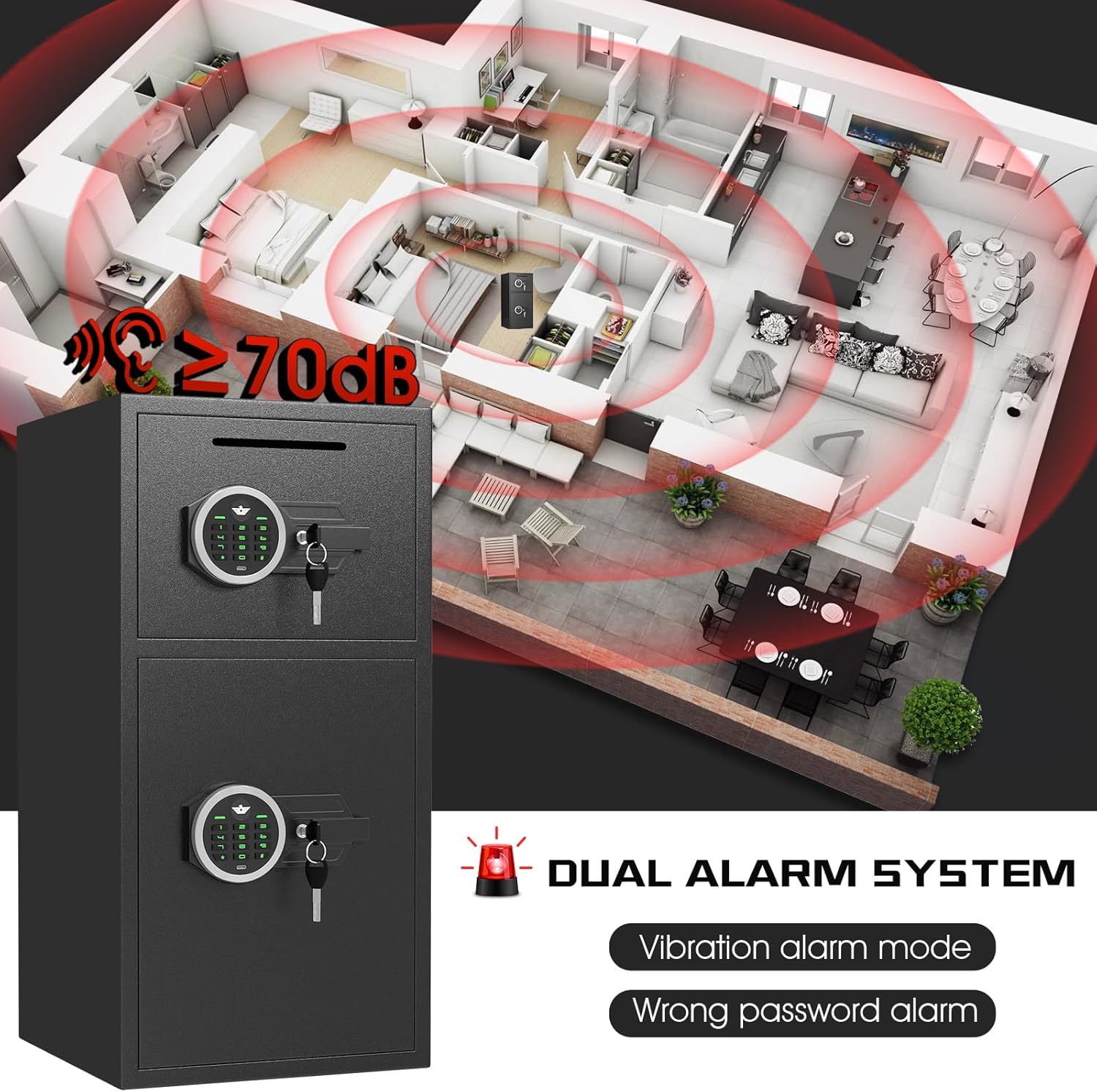 Large Double Door Safe Box Fireproof Waterproof, 6.0 Cu ft Security Safe with LED Light and Dual Alarm System, Home Safes Digital Keypad and Mute Function, Security Lock Box for Money and Valuables