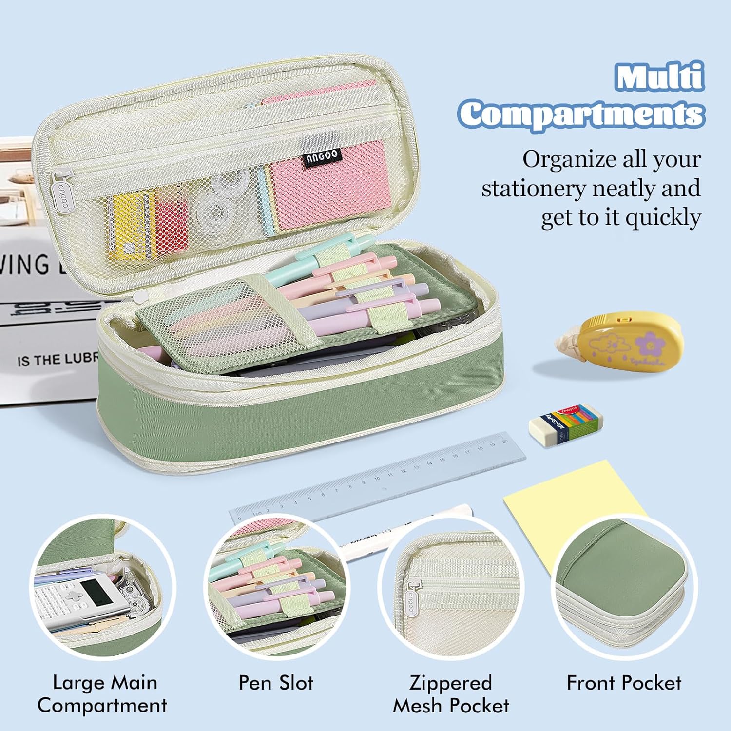 MoKo Large Capacity Pencil Case, Aesthetic Pencil Pouch Bag with Zipper, Cute Pen Case Stationery Organizer Holder for Office/School Supplies, Back to School Gift, Green