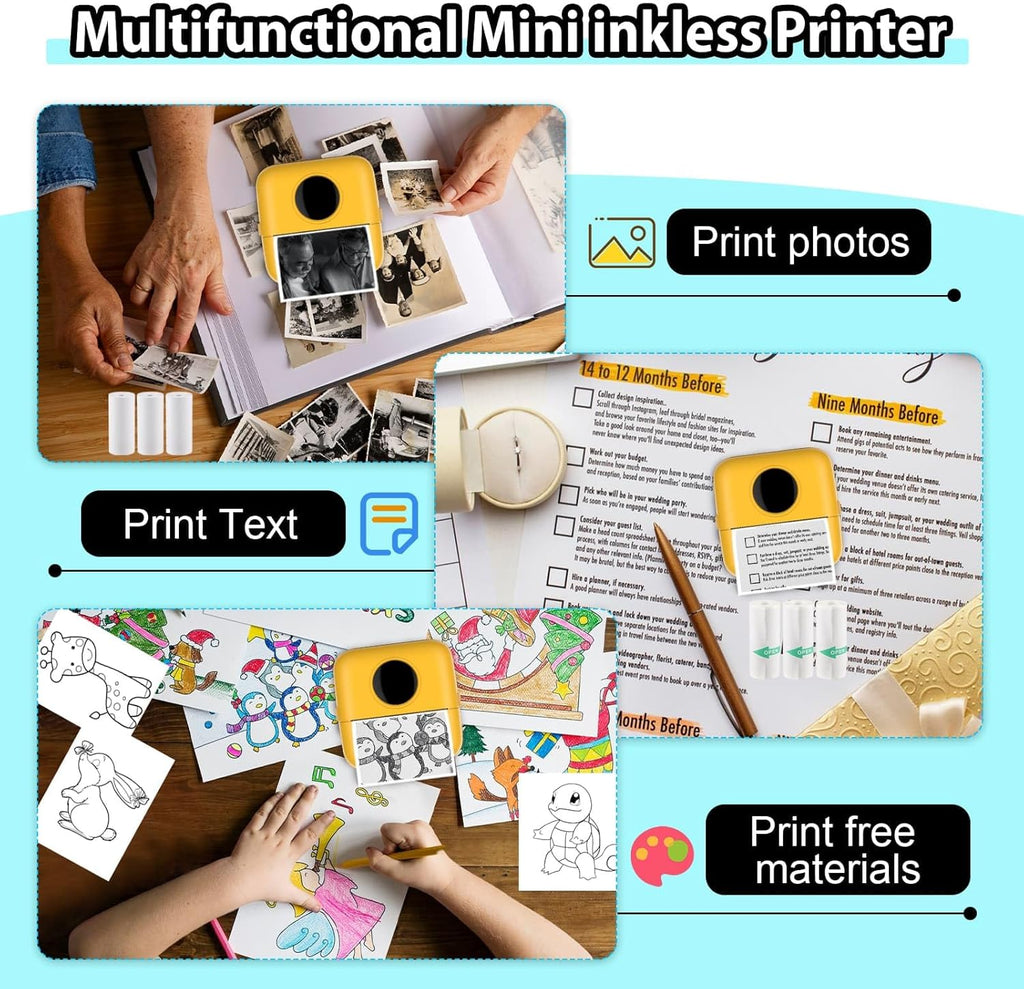 HuiJuKeJi Mini Sticker Printer Bluetooth Smart Pocket Inkless Thermal Printer with 11 Rolls Thermal Paper and Sticker for iOS&Android, Portable Receipt Printer for Photo Note Memo (Yellow)