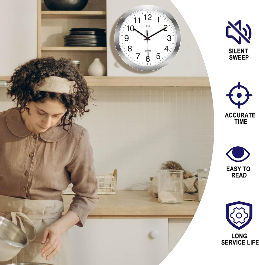 HITO 12 Inch Silent Wall Clock Battery Operated Non Ticking Glass Cover Silver Aluminum Frame, for Kitchen, Bedroom, Home Office, Living Room Decor