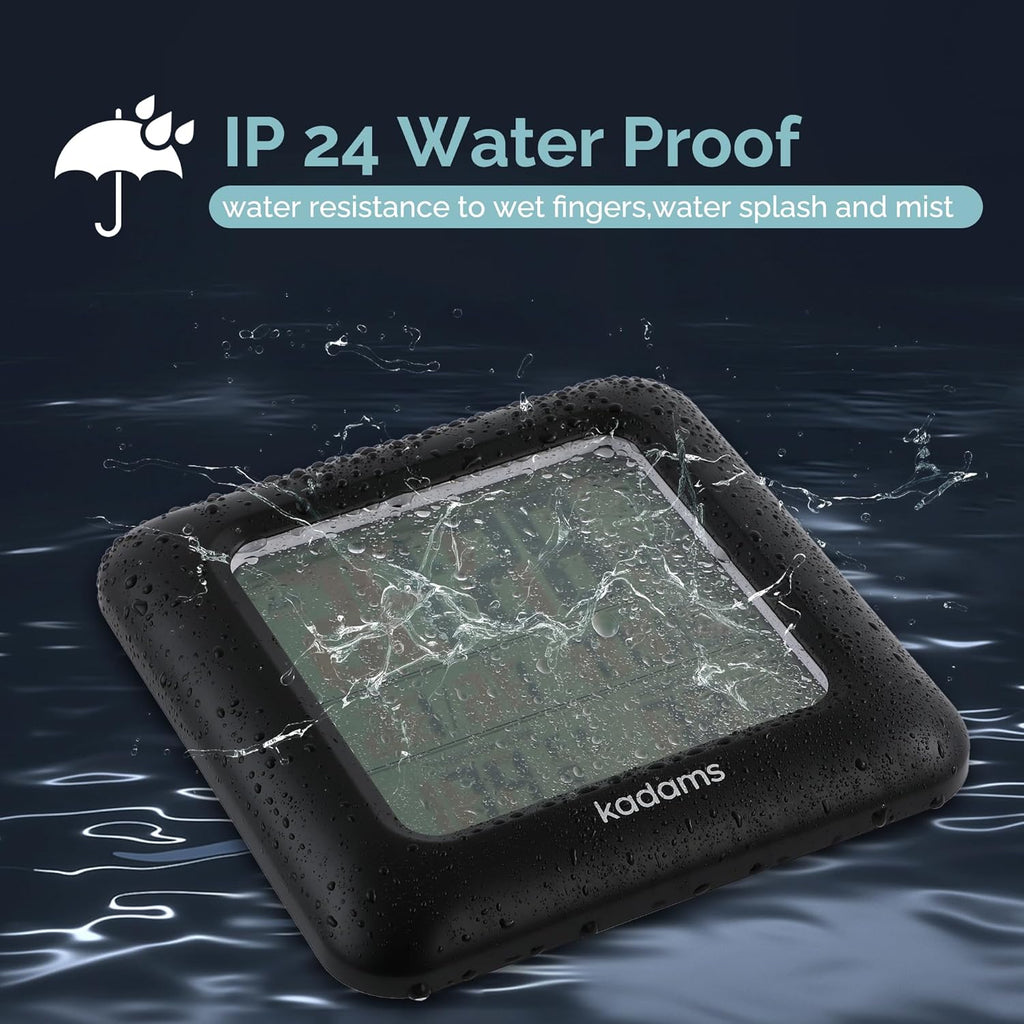 KADAMS Bathroom Clock 9.5" Kitchen Wall Clock with Large LCD Screen – Shower Clock with Suction Cup,Temperature, Humidity, Calendar – Water-Resistant, 4 Mounting Options, Black