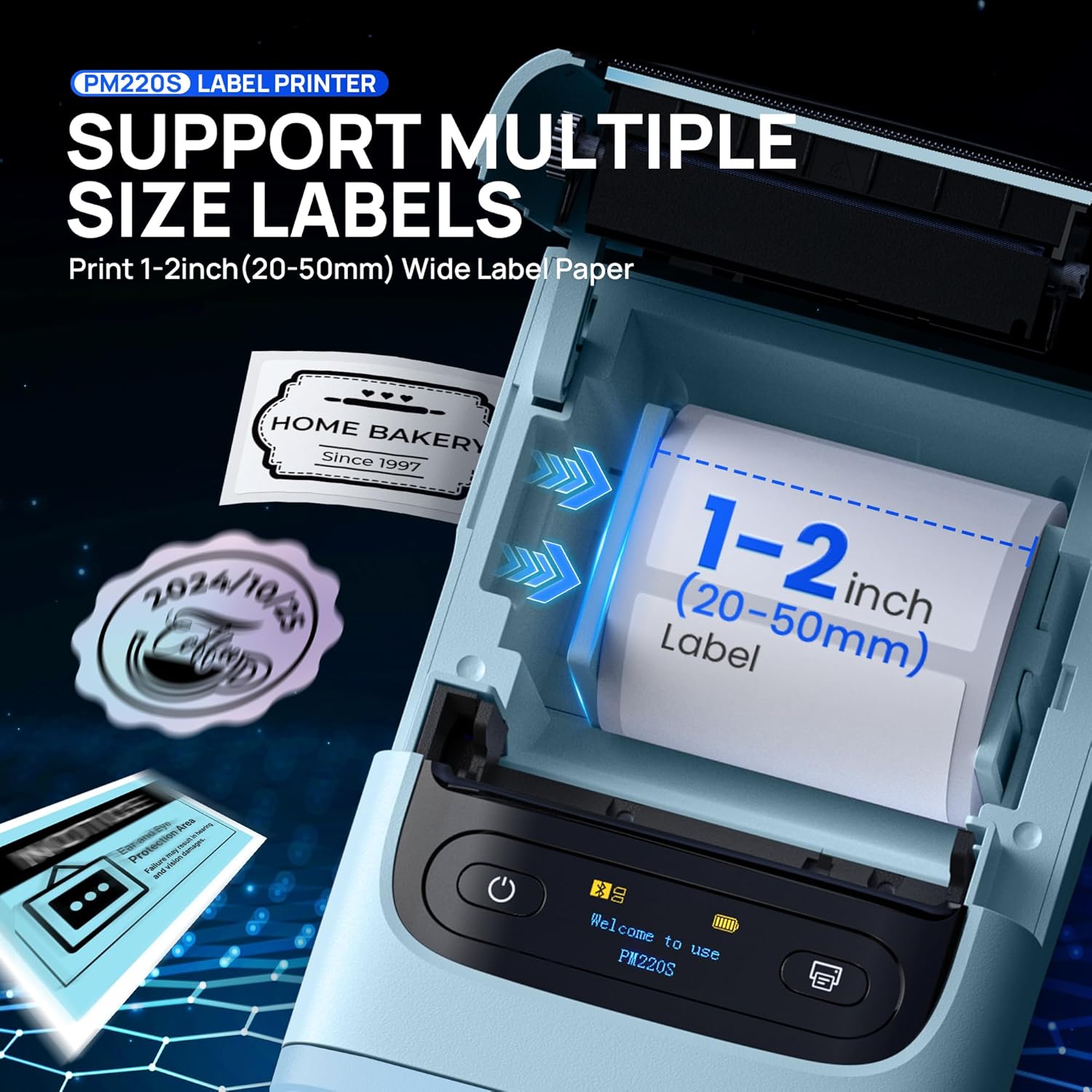 POLONO PM220S Label Maker Machine with Tape, 2 Inch Bluetooth Thermal Label Printer, Portable Sticker Printer for School, Office, Home, Business, Label Maker with 2'' x1.18'' Labels, Blue