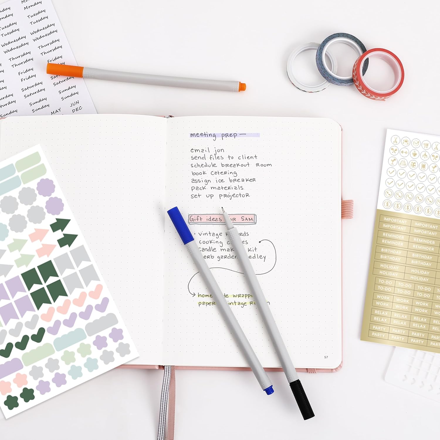 &And Per Se Dotted Journal Notebook Set, A5 Hardcover Dotted Journal (Pink), 6 Fineliner Pens, 8 Sticker, 5 Stencil Sheets & 6 Washi Tapes, Journaling Supplies for Planner Schedule