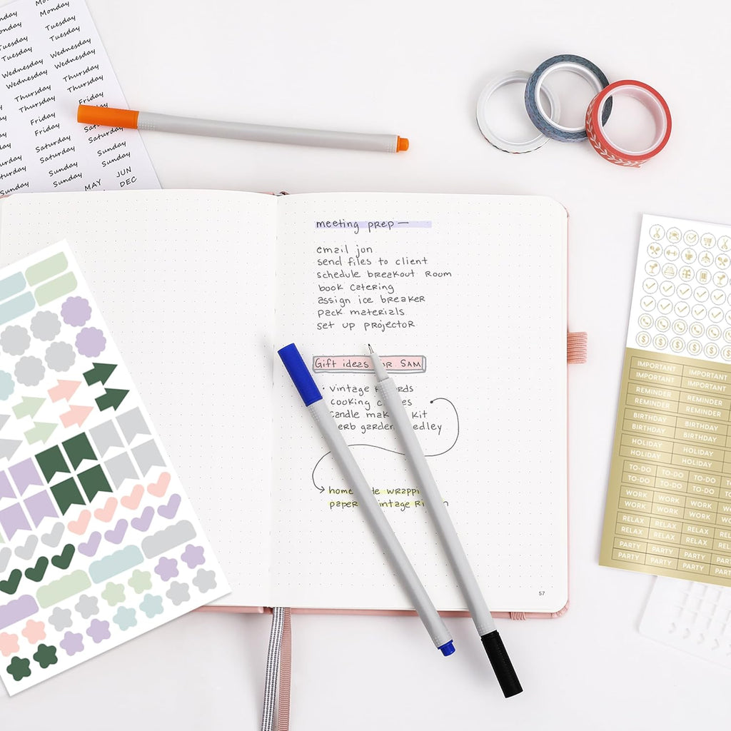 &And Per Se Dotted Journal Notebook Set, A5 Hardcover Dotted Journal (Dark Blue), 6 Fineliner Pens, 8 Sticker, 5 Stencil Sheets & 6 Washi Tapes, Journaling Supplies for Planner Schedule