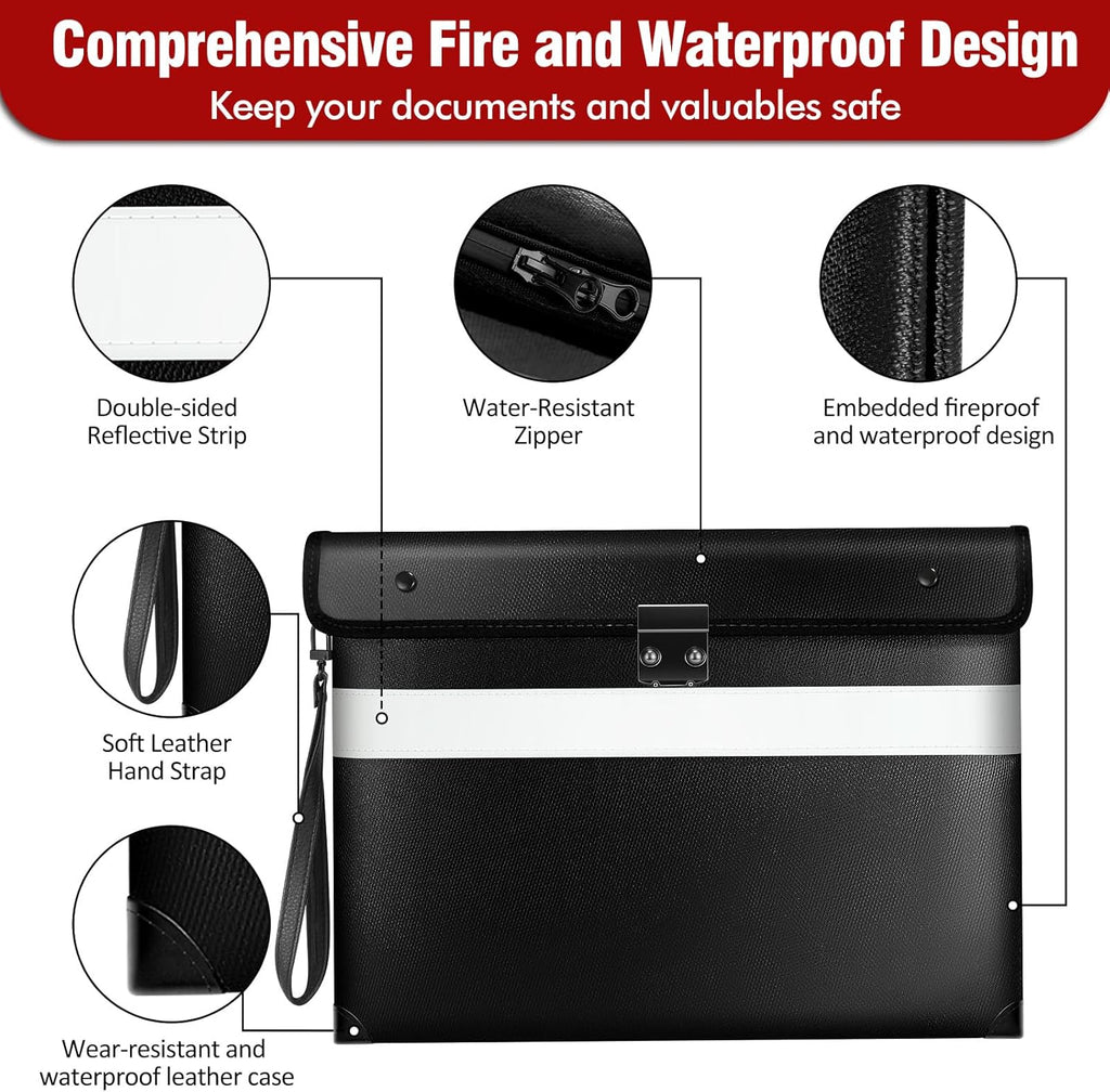 Fireproof Document Bag with Lock,6200°F Insulated (13.9"x10.6"),Lockable Fire Water Proof Money Pouch with Water Resistant Zipper,Safe Notary Bag with Lock,for Important Documents,Valuables (Black)