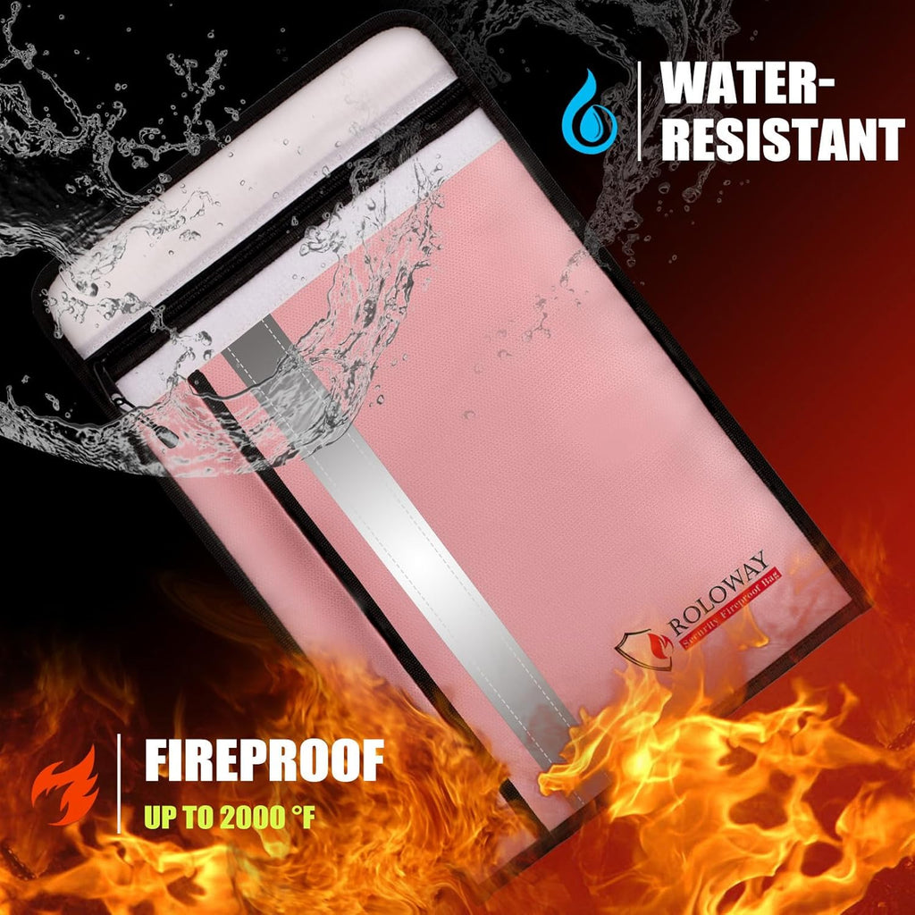 ROLOWAY Fireproof Document Bag (15 x 11 inch) with 2 Pockets & Waterproof Zipper, Fireproof Money Bag, Fire Safe Bag with Reflective Strip, Fireproof Envelope for Cash, Legal Documents Safe (Pink)