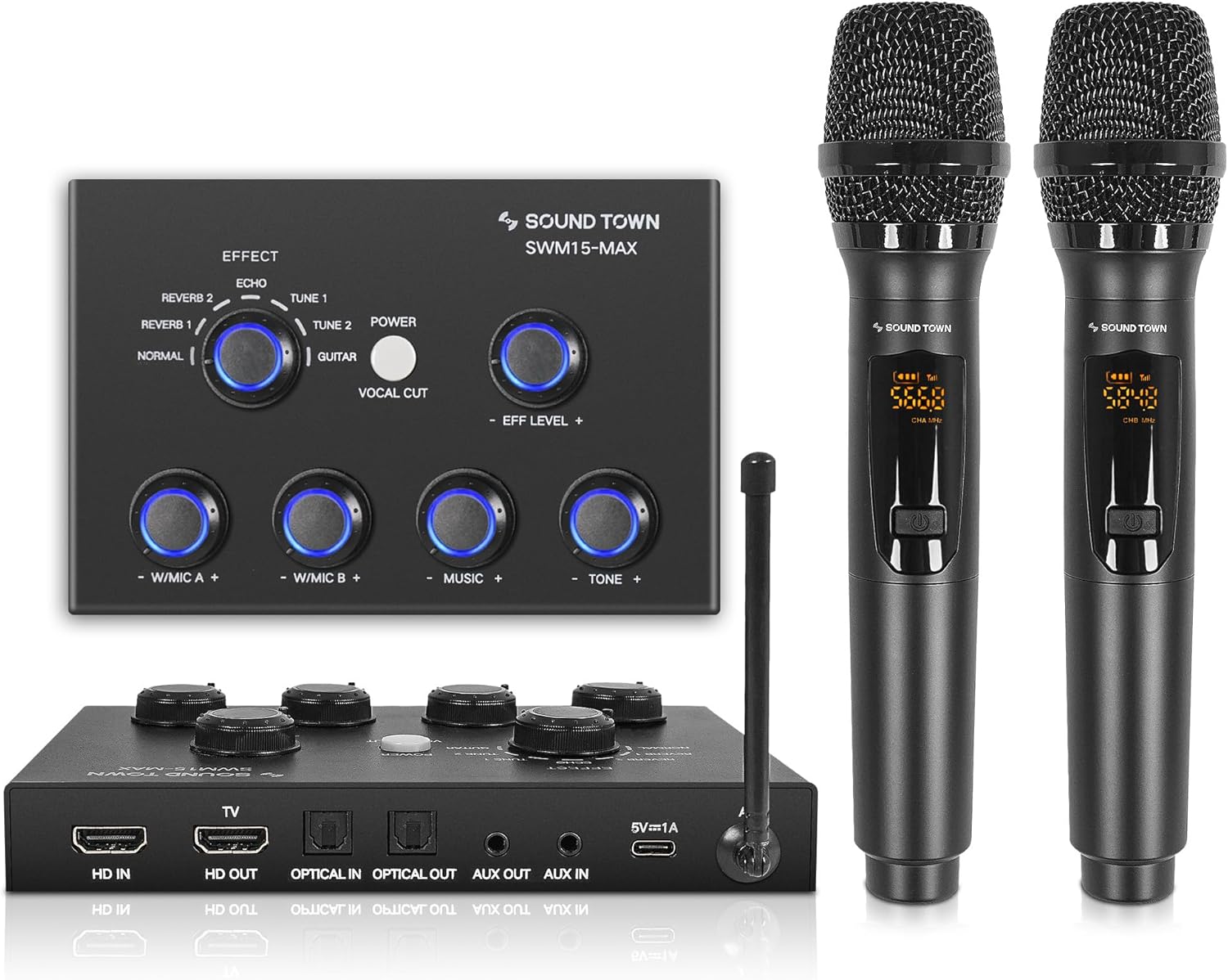 Sound Town 16 Channels Wireless Microphone Karaoke Mixer System w/ 2 Wireless Mics, HD ARC, Optical (Toslink), AUX, Supports Smart TV, Media Box, PC, Bluetooth, Soundbar, Receiver (SWM15-MAX)