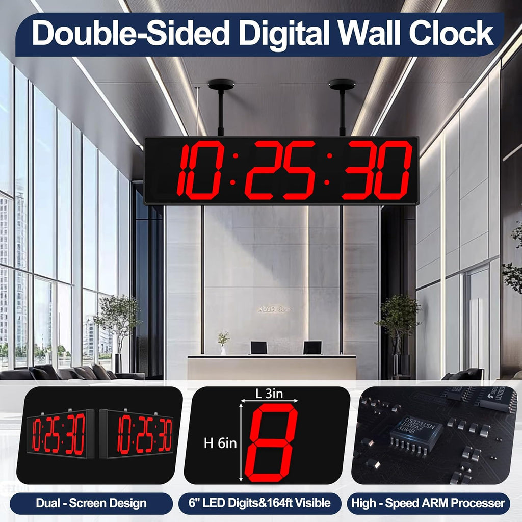 Digital Clock Large Display 28" with Remote Control,Double-Sided Clock, Suspended Design for Hospitals, Factories, Airports.