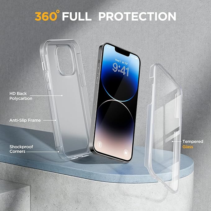 Miracase Glass Series Designed for iPhone 14 Pro Case 6.1 Inch, Upgrade Full-Body Bumper Case with Built-in 9H Tempered Glass Screen Protector, with Camera Lens Protector, Matte Clear