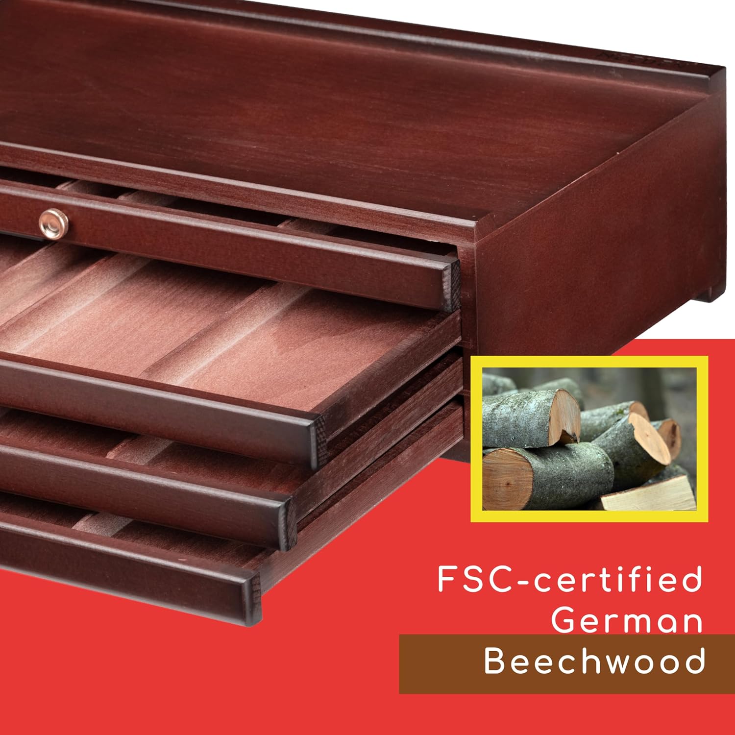 MEEDEN 4-drawer Wood Artist Supply Storage Box, Portable Beechwood Multifunctional Pencil Brush Organizer Wood Box with Drawer&Compartments for Pastels, Pencils, Pens, Makeup Brushes(Mahogany Color)