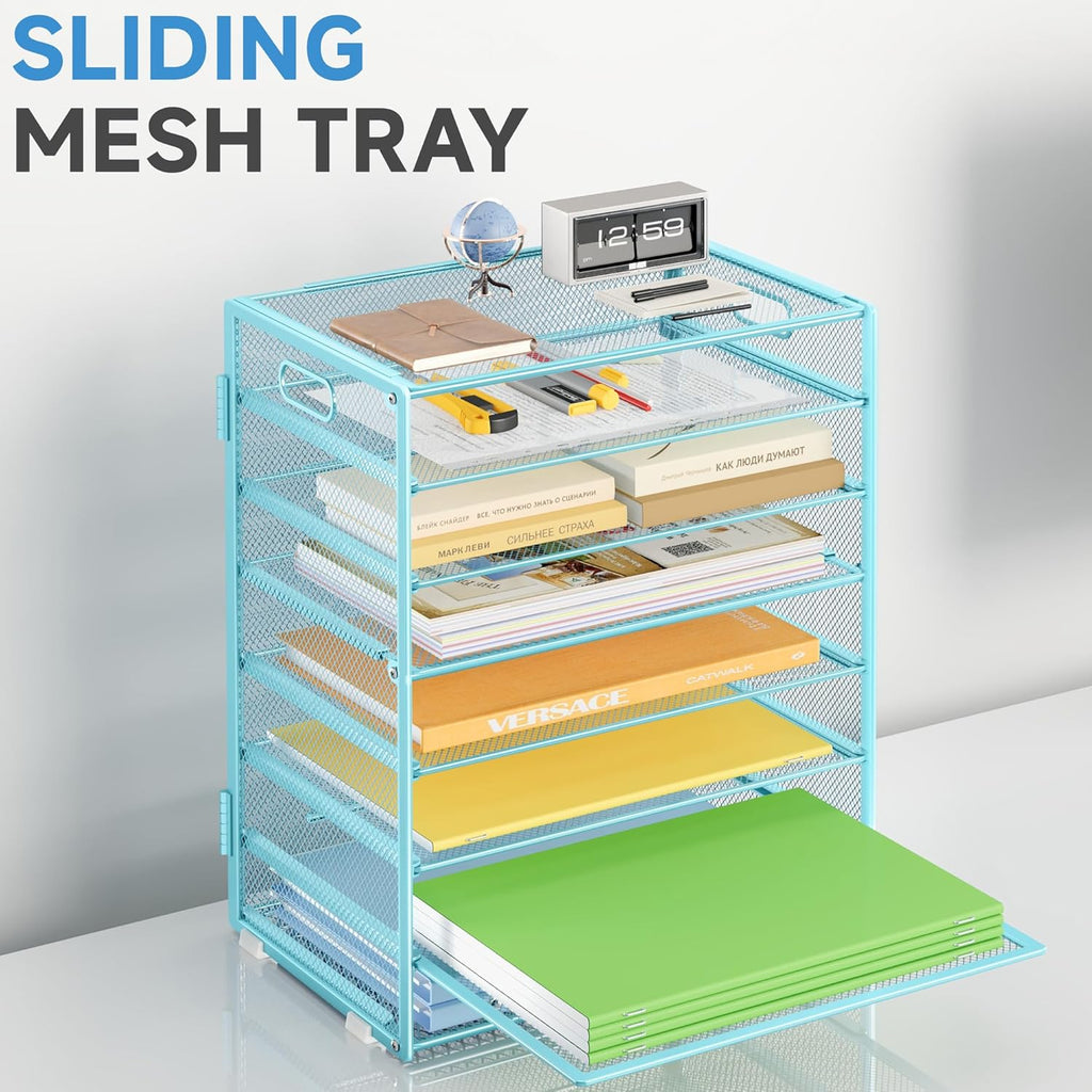 8 Tier Paper Organizer with Handle, Metal Mesh Desk File Organizer, Large Capacity Desk Organizers Paper Letter Tray Desktop Document Sorter for Office, Home or School - Blue