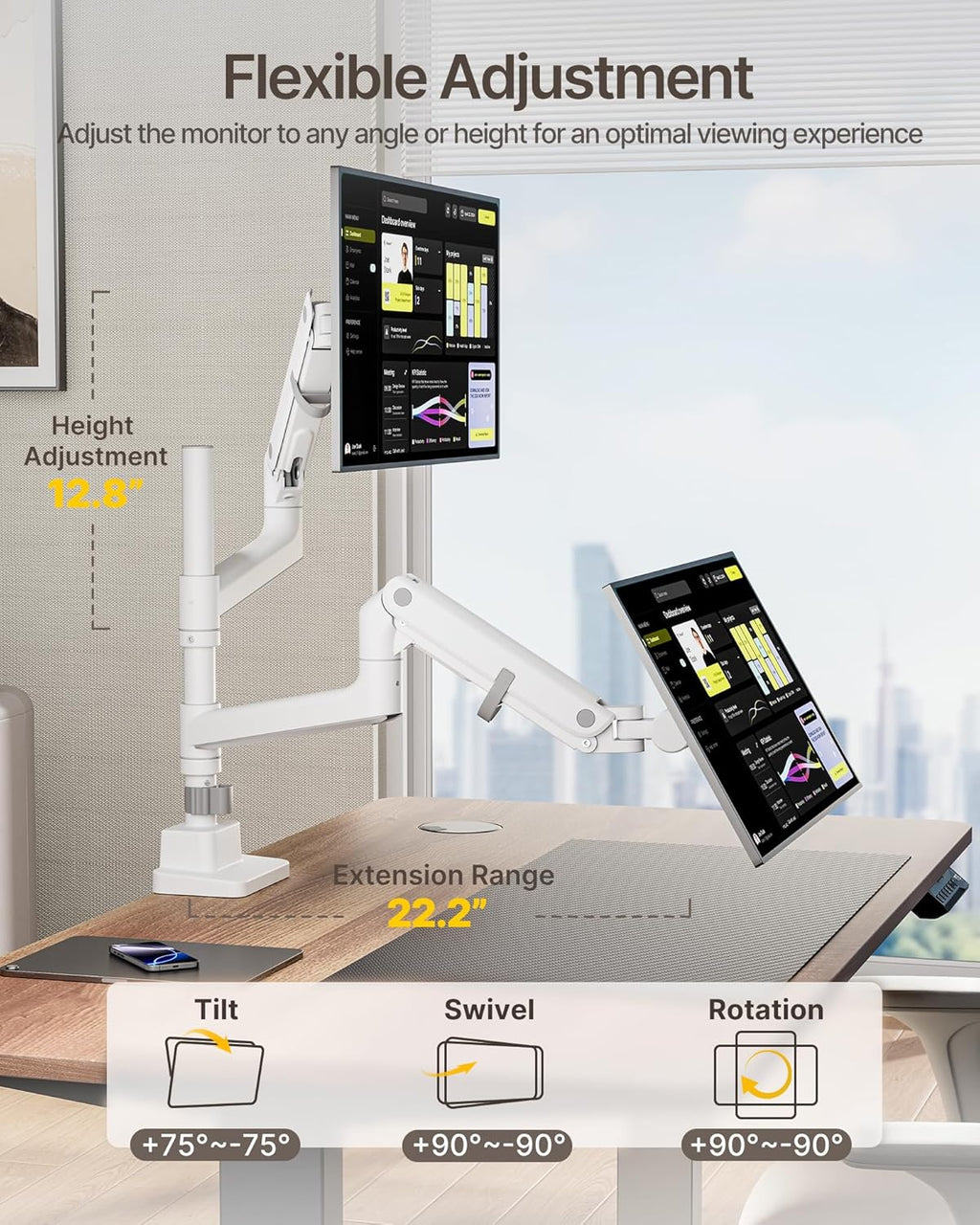 monTEK Dual Monitor Arm for up to 57" and 59.4 lbs Ultrawide Screen, Aluminum Heavy-Duty Gas Spring Vertical Stackable Curved Screen Adjustable Monitor Stand, 75/100mm Vesa Mount, White
