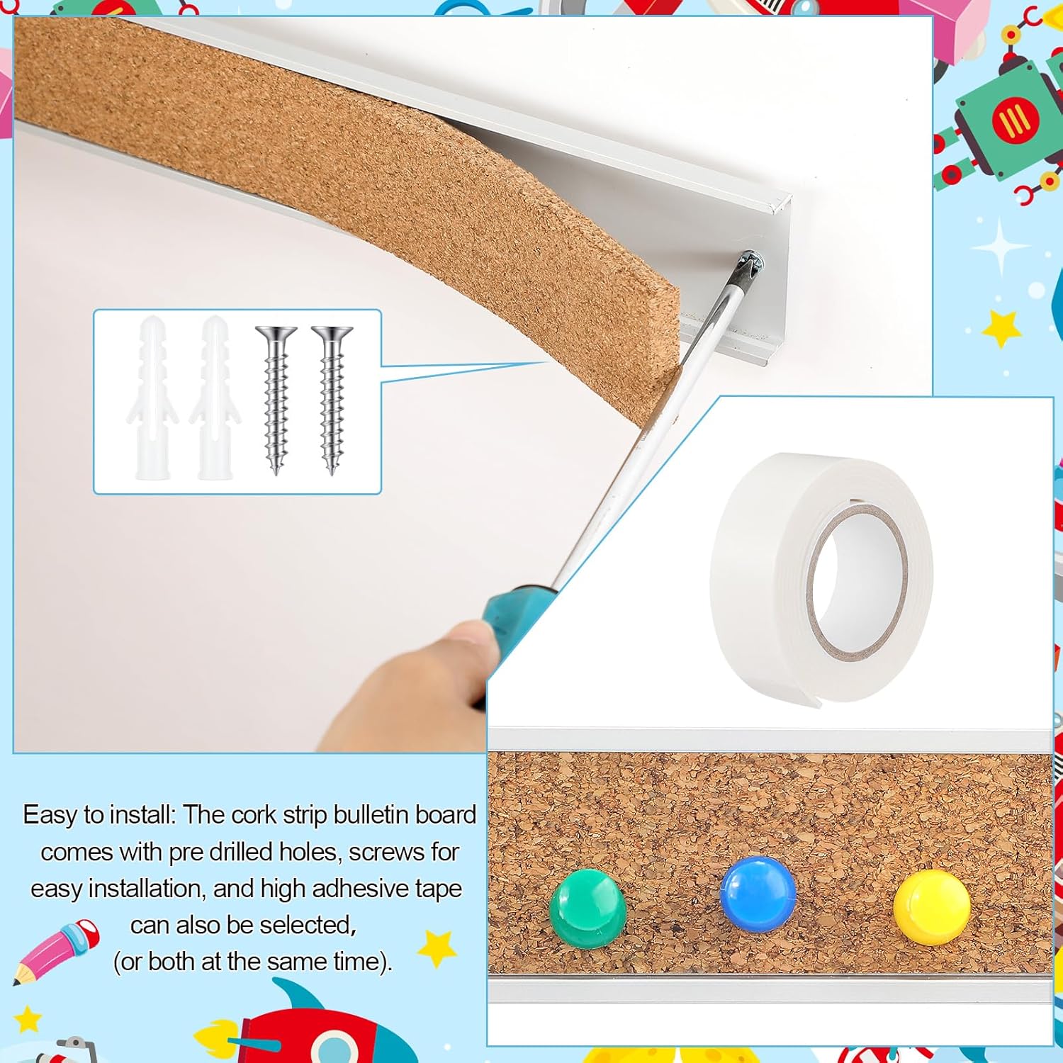 3 Pcs 72'' x 2" Cork Board Strip for Wall - Bulletin Bar Tack Board With Aluminum Trim - Brown Cork Strips for Classroom, Office Walls, Cubicle