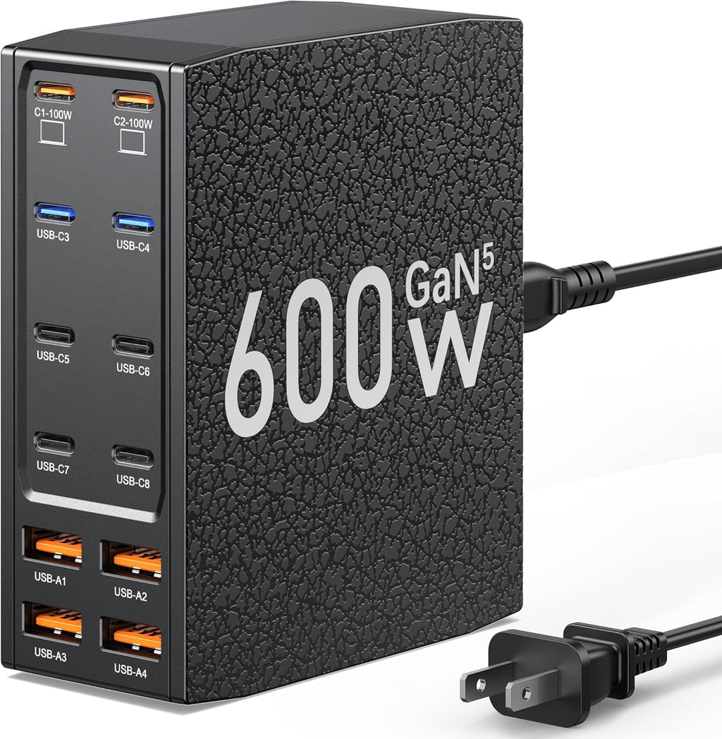 USB Charging Station (600W),12-Port USB C Charger Block with Dual 100W PD USB-C Fast Charging Station Hub for MacBook Pro/Air/All iPad Phone 17/16 15/14/13/Pro Max/Samsung Galaxy Note (Black)