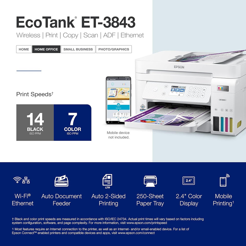 Epson EcoTank ET-3843 Wireless Color All-in-One Cartridge-Free Supertank Printer with Scanner, Copier, ADF and Ethernet-for The Ultimate Home Office, White