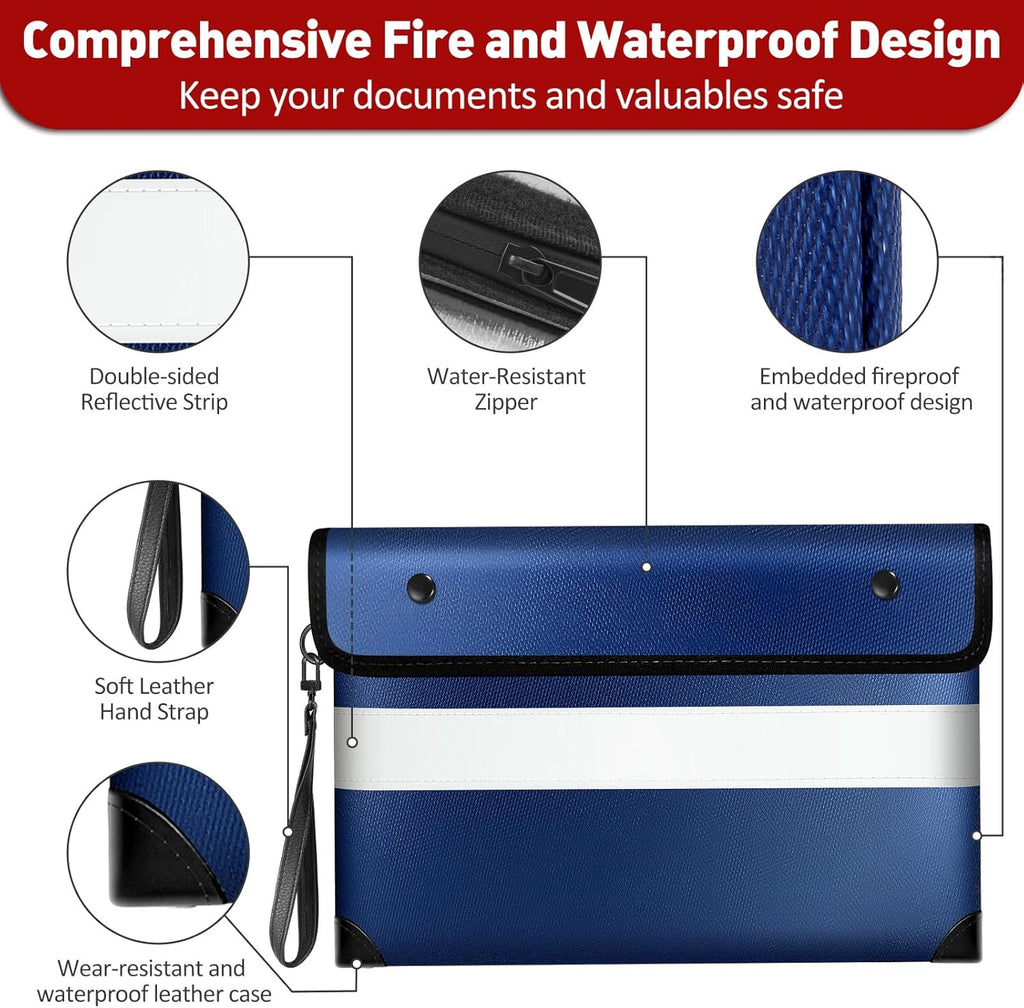 6200℉ Insulated Fireproof Money Bag for Cash,Water Fire Proof Document Pouch with Water-proof Zipper,Heat Resistant File Envelope for Insurance Policies, Bank Statements, and Jewelry (11"x7.7",Blue)