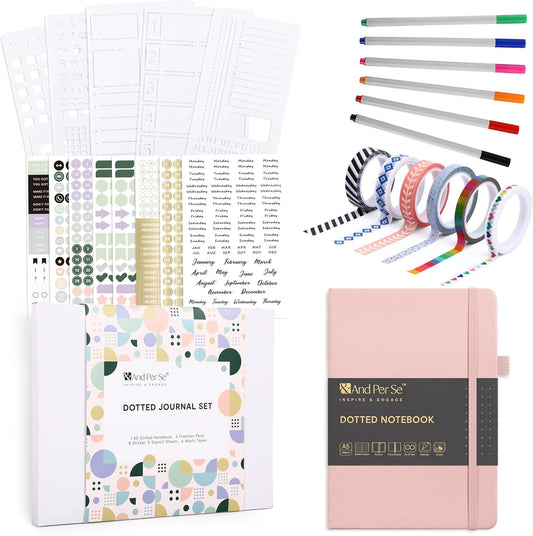 &And Per Se Dotted Journal Notebook Set, A5 Hardcover Dotted Journal (Pink), 6 Fineliner Pens, 8 Sticker, 5 Stencil Sheets & 6 Washi Tapes, Journaling Supplies for Planner Schedule