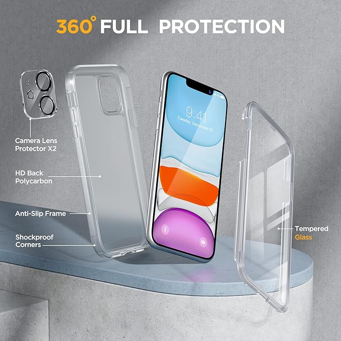 Miracase Glass Series for iPhone 11 Case 6.1 inch, Upgraded Full-Body Rugged Phone Bumper Case Cover with Built-in 9H Tempered Glass Screen Protector and Camera Protector, Matte Clear