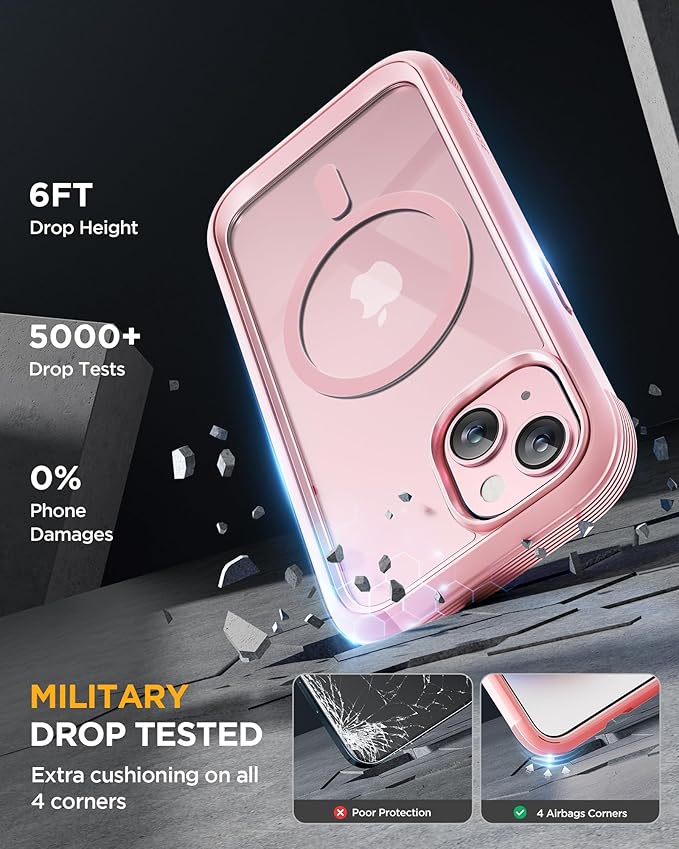 Miracase Magnetic for iPhone 15 Plus Case 6.7'' [Compatible with Magsafe] Full-Body Military Drop Proof 15 Plus Phone Case Cover with Built-in 9H Tempered Glass Screen Protector,Magnetic Pink