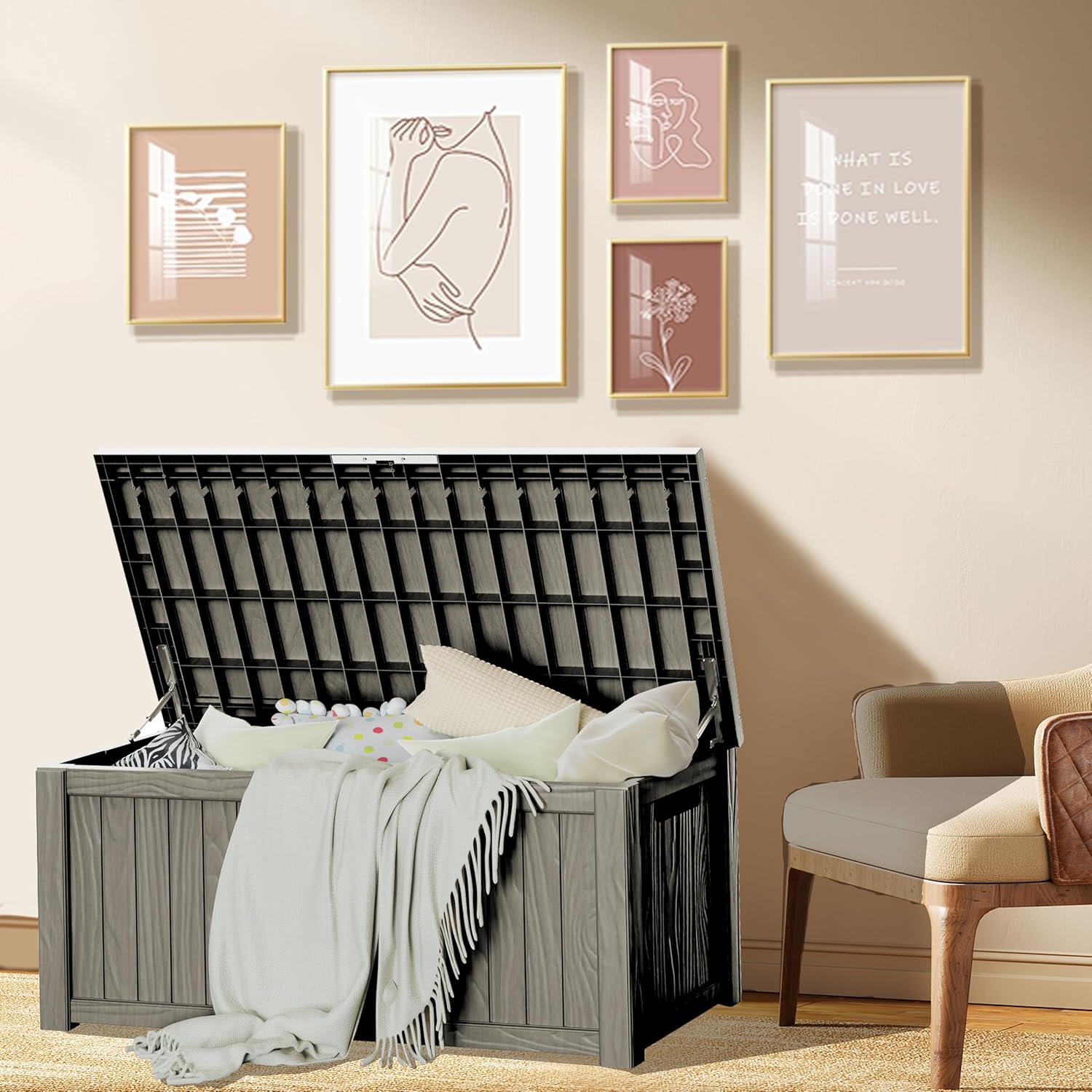 150 Gallon Resin Deck Box, Waterproof Outdoor Storage Bin for Patio Furniture, Pool Accessories, and Garden Tools, Lockable & UV-Resistant, Grey