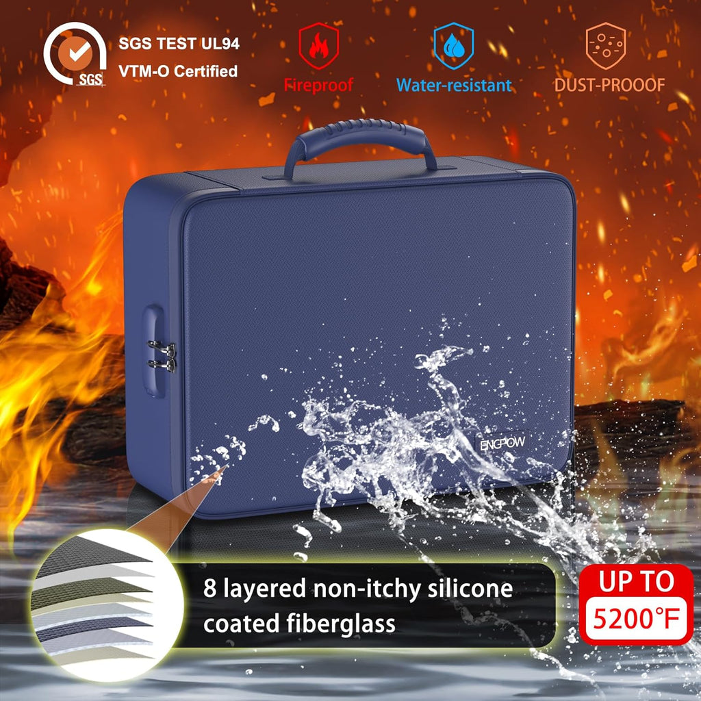 ENGPOW 5200℉ Fireproof File Organizer Bag with 13 Pocket Accordion File Folder,Document Organizer Box with Lock&Labels,Multi-Layer Portable Home Travel Safe Storage Box for Important Documents,Blue