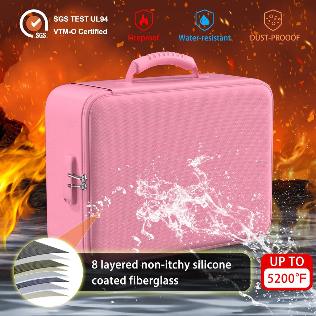 ENGPOW 5200°F Fireproof Document Bag with Lock, Upgraded Heat Insulated Fireproof＆Waterproof Box 8 Layers Document Organizer, Portable Home Travel Safe Storage Box for Important Files, Laptop, Pink