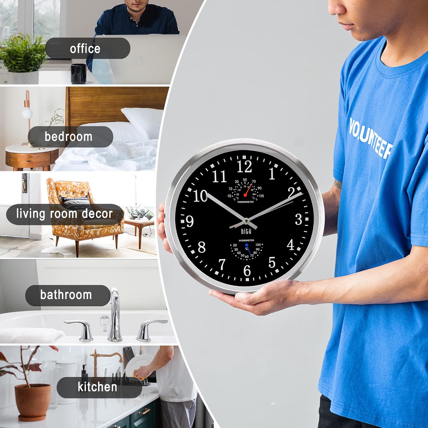 HITO 14 Inch Silent Wall Clock Battery Operated, Large Wall Clock for Living Room Decor, Office, Classroom, Bedroom