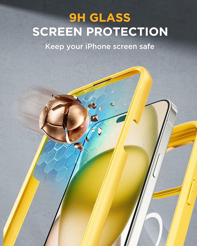 Miracase Glass Series for iPhone 15 Case [Compatible with MagSafe] Full-Body Magnetic Case with Built-in 9H Tempered Glass Anti-Fingerprint Screen Protector + Camera Lens Protector, Lemon Yellow