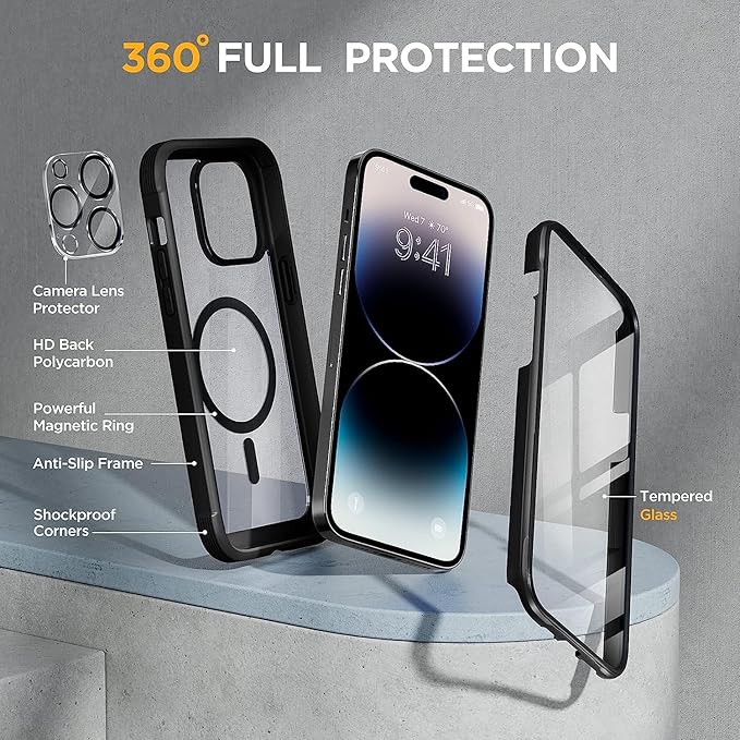 Miracase Magnetic for iPhone 14 Pro Case 6.1 inch, (Compatible with MagSafe) Upgrade Full-Body Clear Phone Bumper Case with Built-in 9H Tempered Glass Screen Protector, Magnetic Classic Black
