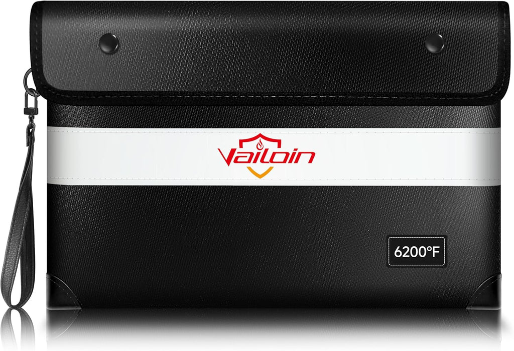 Vailoin 6200℉ Insulated Fire Proof Money Bag for Cash,Portable Waterproof Fireproof Document Bag with Reflective Strip,Fireproof Envelope for Cash,Important Documents,Valuables(11"x7.7", Black)