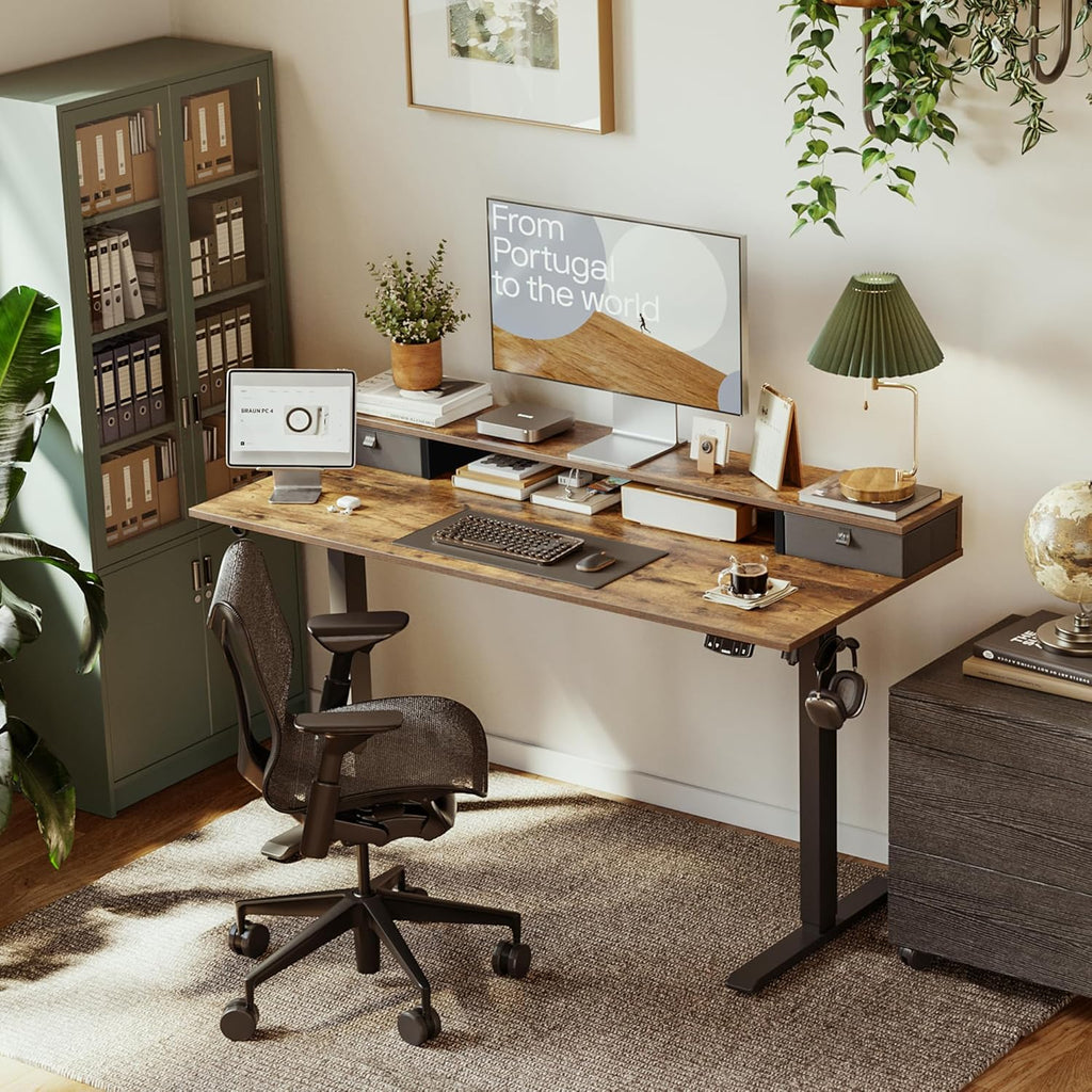 Agilestic Electric Standing Desk with 2 Drawers, 48 x 23 Inches Height Adjustable Desk, 2 Fabric Drawers, Rustic Brown