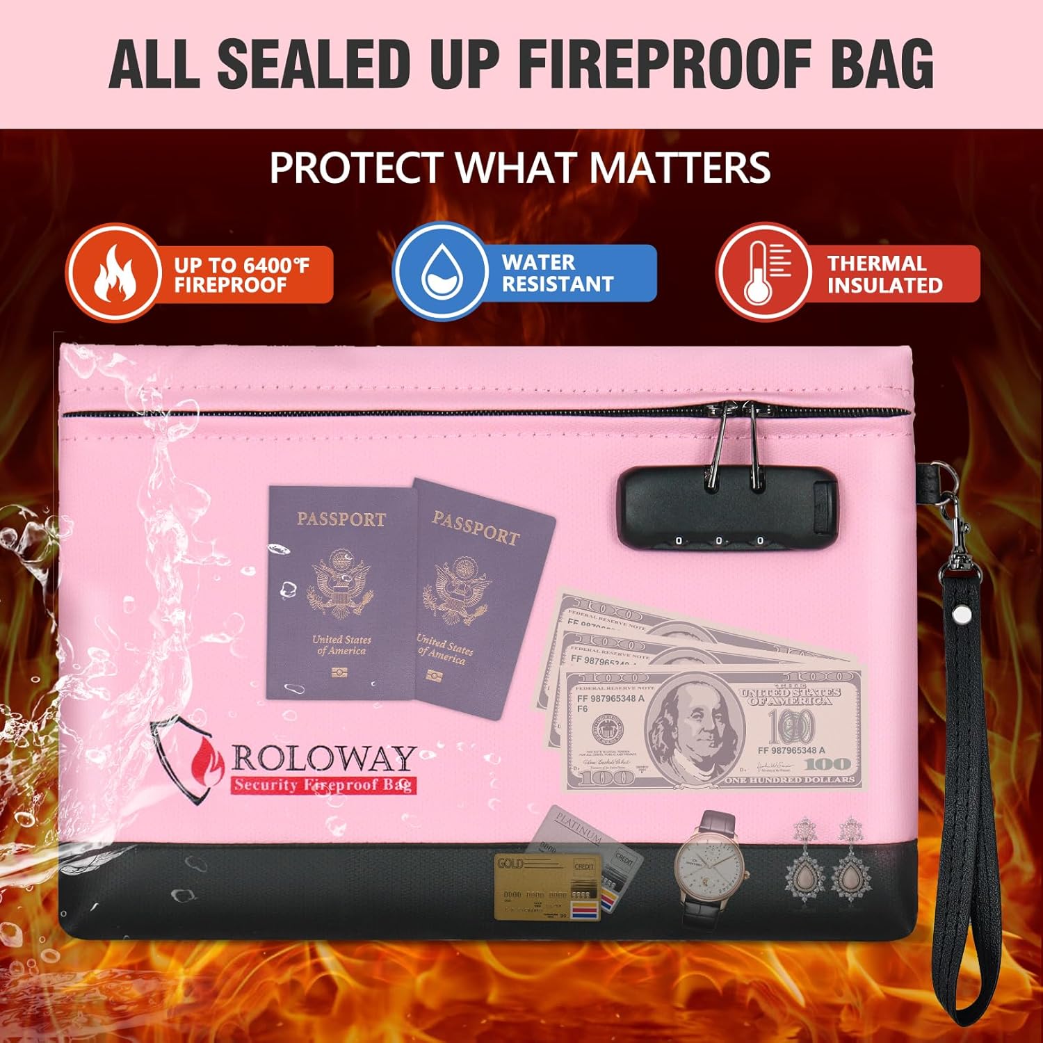 ROLOWAY Fireproof Money Bag with Lock for Cash, 6400°F Fire Proof Document Bag (12.2 x 8.5 x 1.6 inches), Money Pouch with Zipper (Pink)