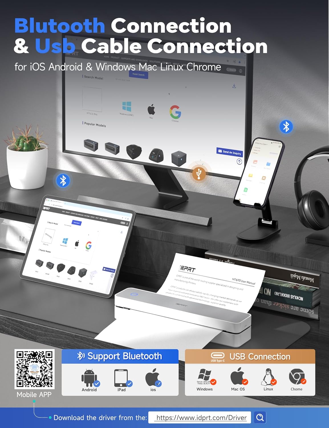 iDPRT MT610 Pro Portable Thermal Printer, 300DPI HD Mobile-Travel-Printers, Inkless-Wireless-Small-Printer for Home Use, Office, Vehicles, Bluetooth Printers Supports 8.5" x 11" US Letter&A4&A5 Size