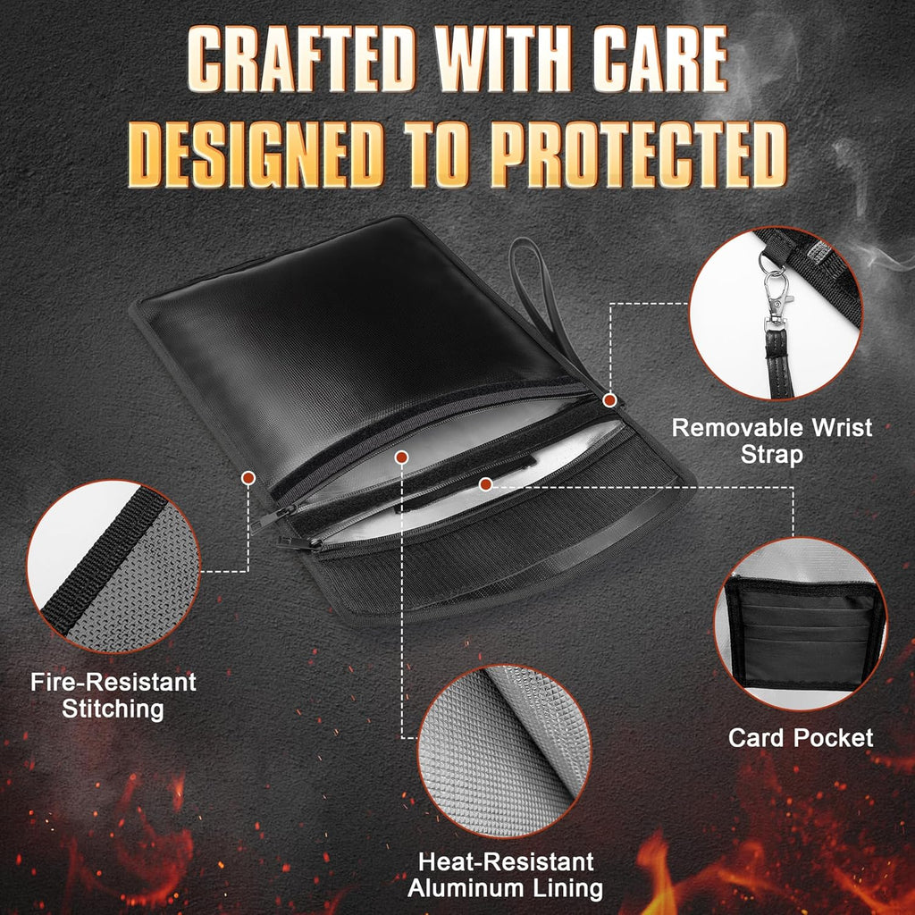 Upgraded Fireproof Document Bag Set with Lock, 6200°F Fire Resistance & Reflective Design, Dual Bag Set with Zipper (14.7"x11.5" & 11.1"x7.4") for Cash, Passport & Money Pouch