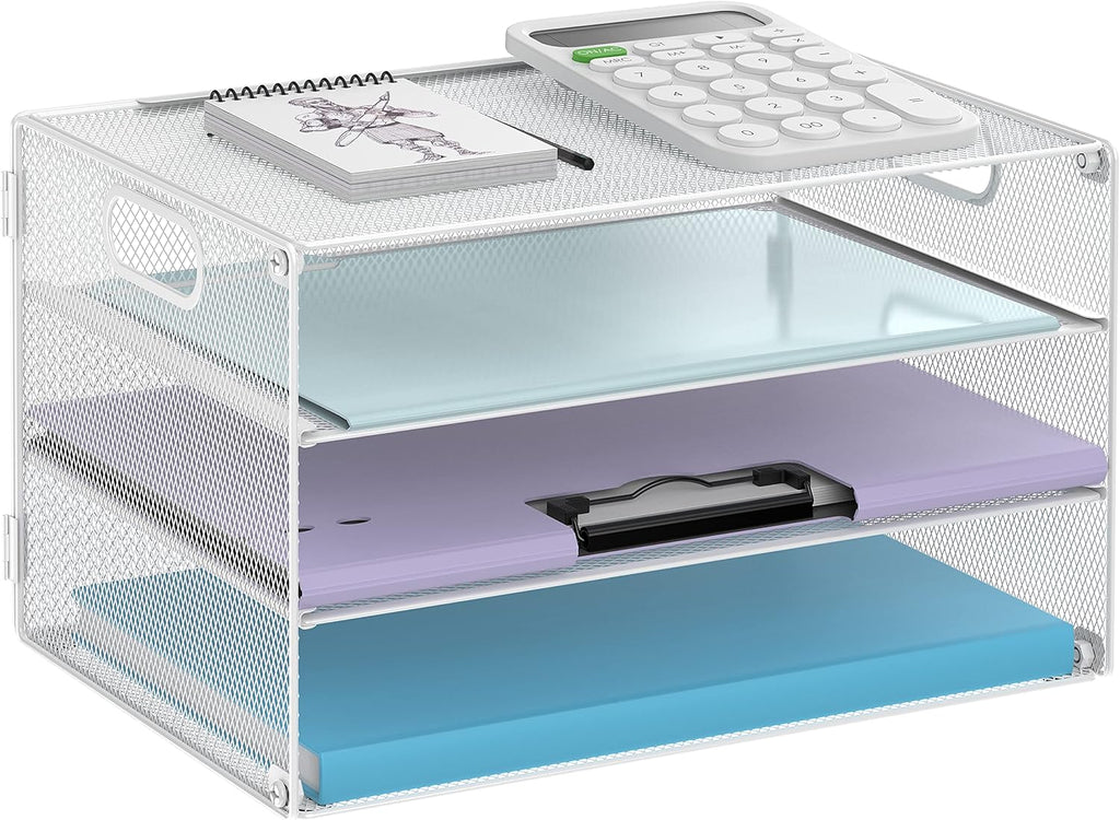 DALTACK 3 Tier Letter Tray Paper Organizer with Handle, Mesh Desk File Organizer, Paper Tray Desk Organizer for School Office Home, Metal Mesh, White