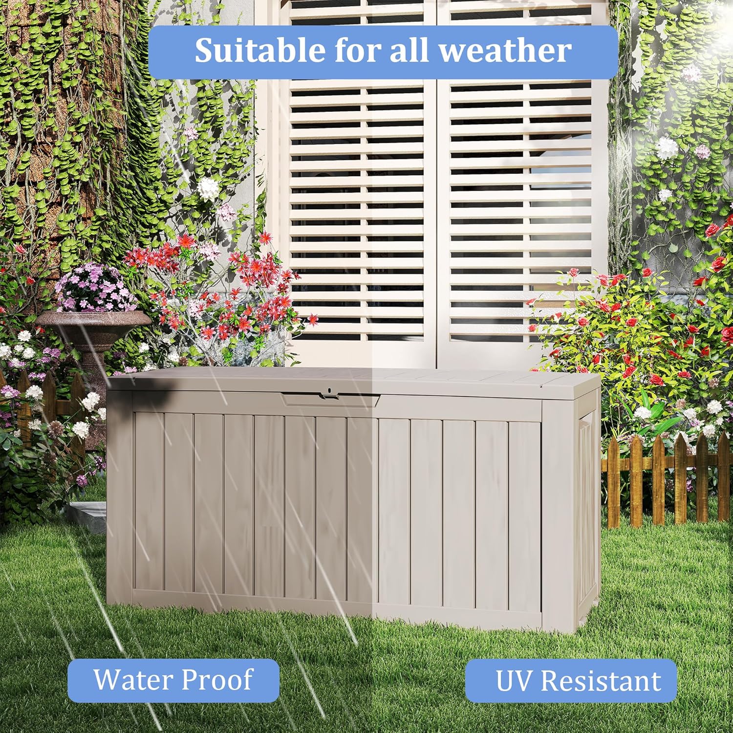 90 Gallon Lockable Resin Deck Box with Wheels, Waterproof & UV-Resistant Outdoor Storage Box for Outdoor Cushion Storage, Garden Tools & Pool Accessories Storage, Gray