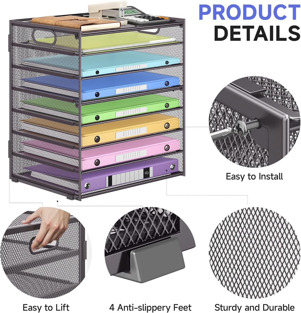 8 Tier Paper Organizer with Handle, Metal Mesh Desk File Organizer, Large Capacity Desk Organizers Paper Letter Tray Desktop Document Sorter for Office, Home or School-Grey