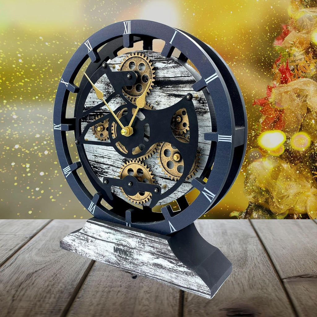 The Gears Clock Desk Clock 10 inches with Real Moving Gears Convertible into Wall Clock (Grey & White)