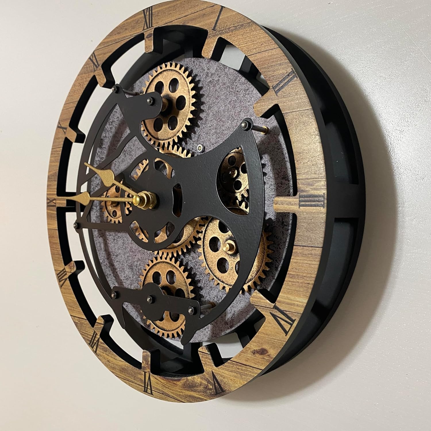 Desk Clock 10 inches with Real Moving Gears Convertible into Wall Clock (Brown and Grey)