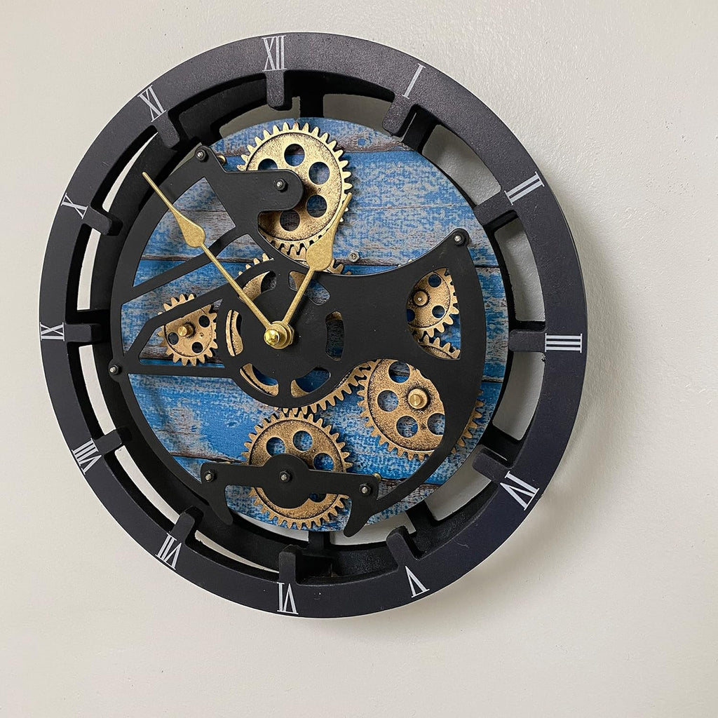 The Gears Clock Desk Clock 10 inches with Real Moving Gears Convertible into Wall Clock (Ocean Blue)