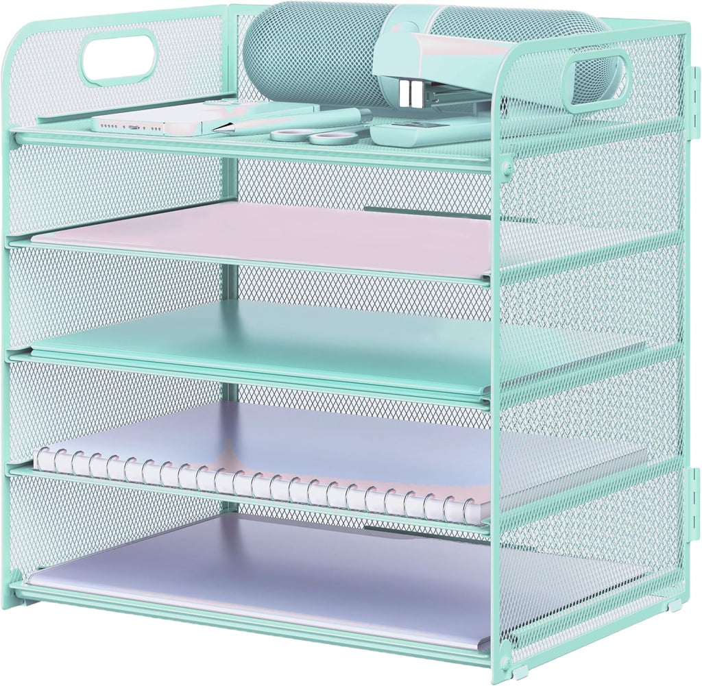 Letter Tray Paper Organizer 5-Tier Desk Organizer File Organizer Paper Holder with Handle, Metal Desktop Document Shelf Tray Office Classroom Organization - Blue