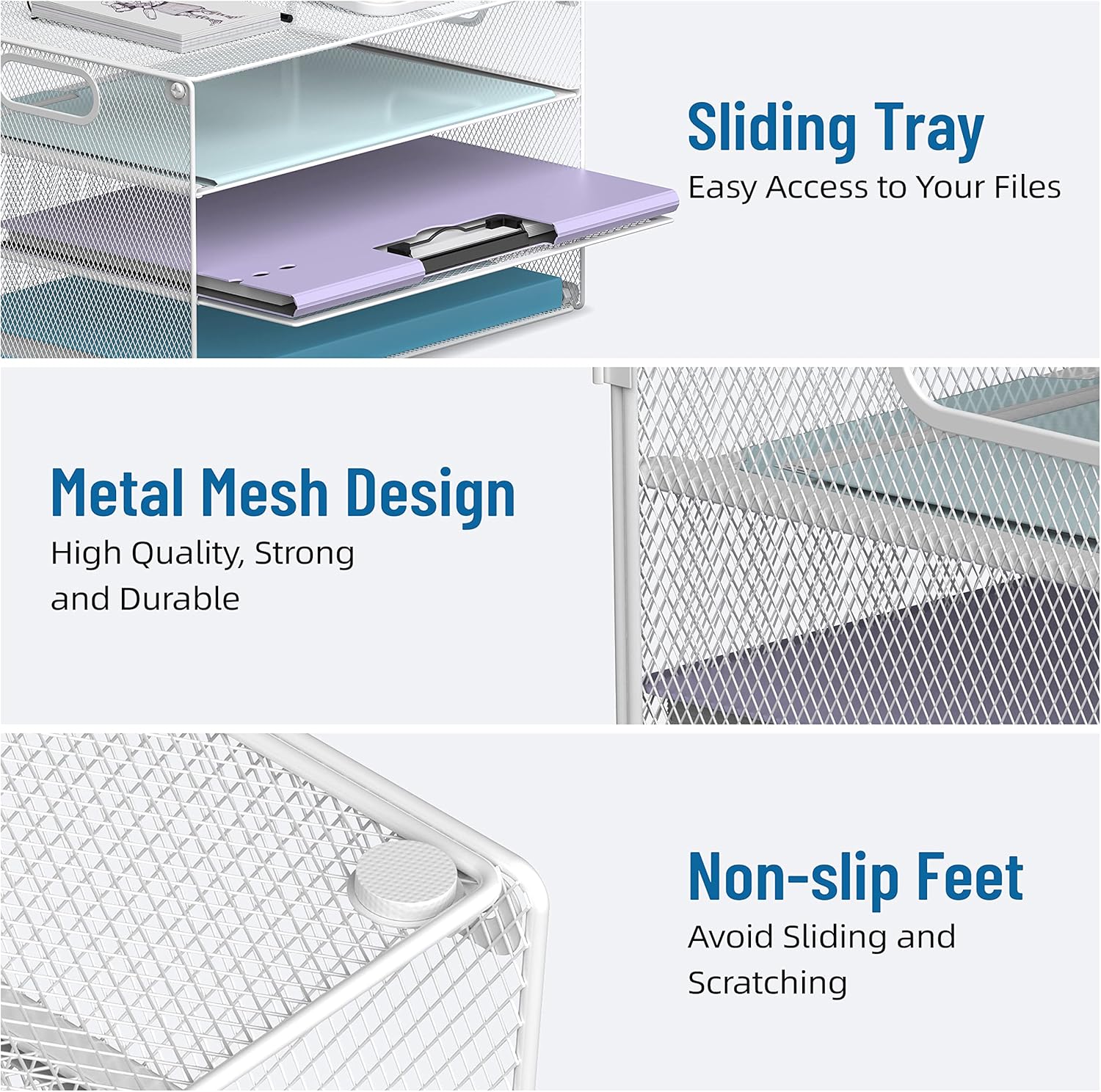 DALTACK 3 Tier Letter Tray Paper Organizer with Handle, Mesh Desk File Organizer, Paper Tray Desk Organizer for School Office Home, Metal Mesh, White