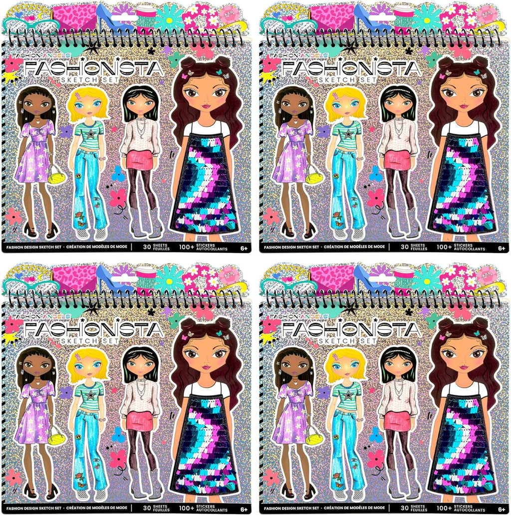 Fashion Angels Fashionista Sketch Sets Bundle, Bulk Pack of 4 Fashion Design Sketch Books, Ideal Gift & Party Favor for Girls, Kids, Tweens