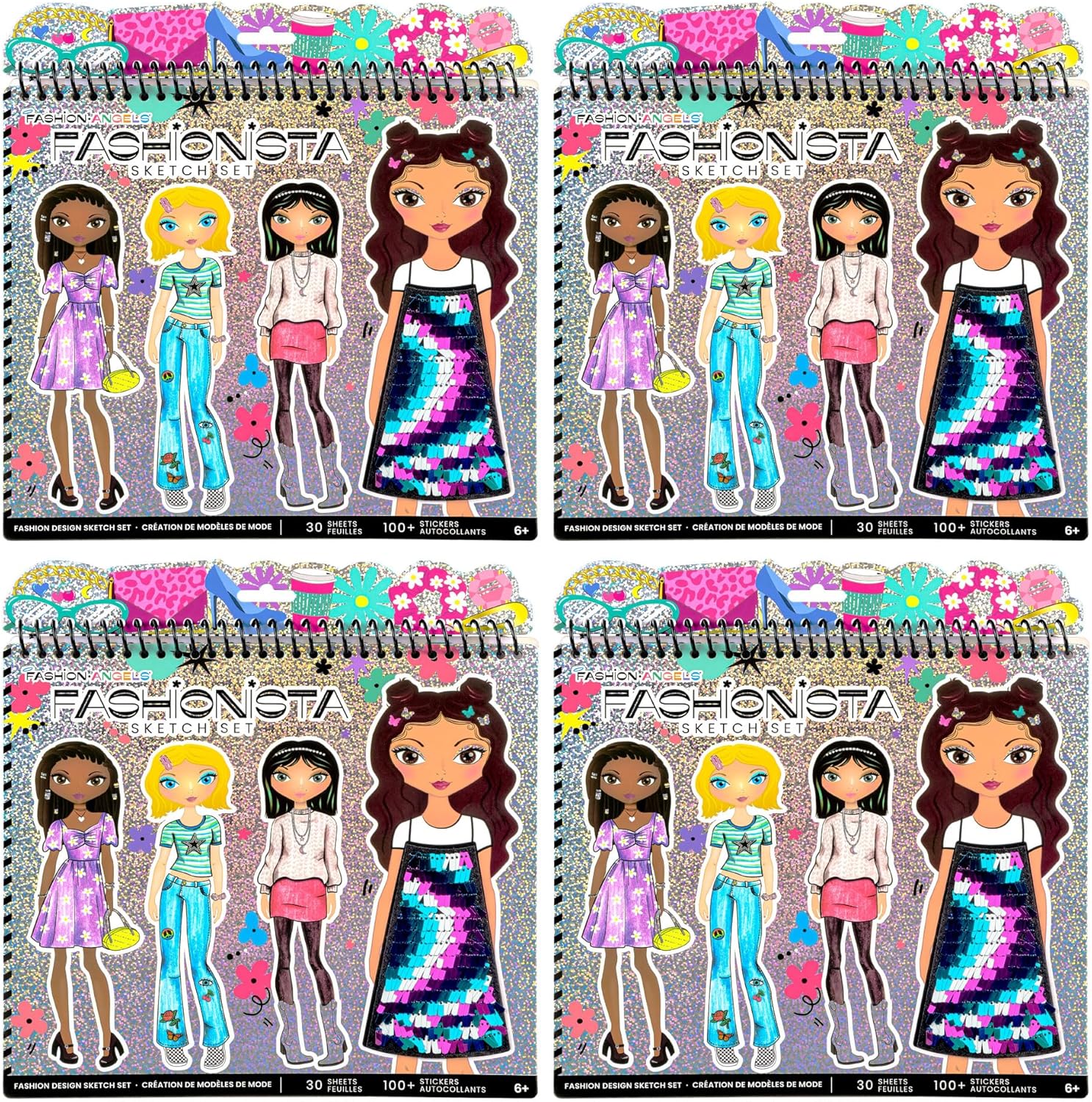 Fashion Angels Fashionista Sketch Sets Bundle, Bulk Pack of 4 Fashion Design Sketch Books, Ideal Gift & Party Favor for Girls, Kids, Tweens