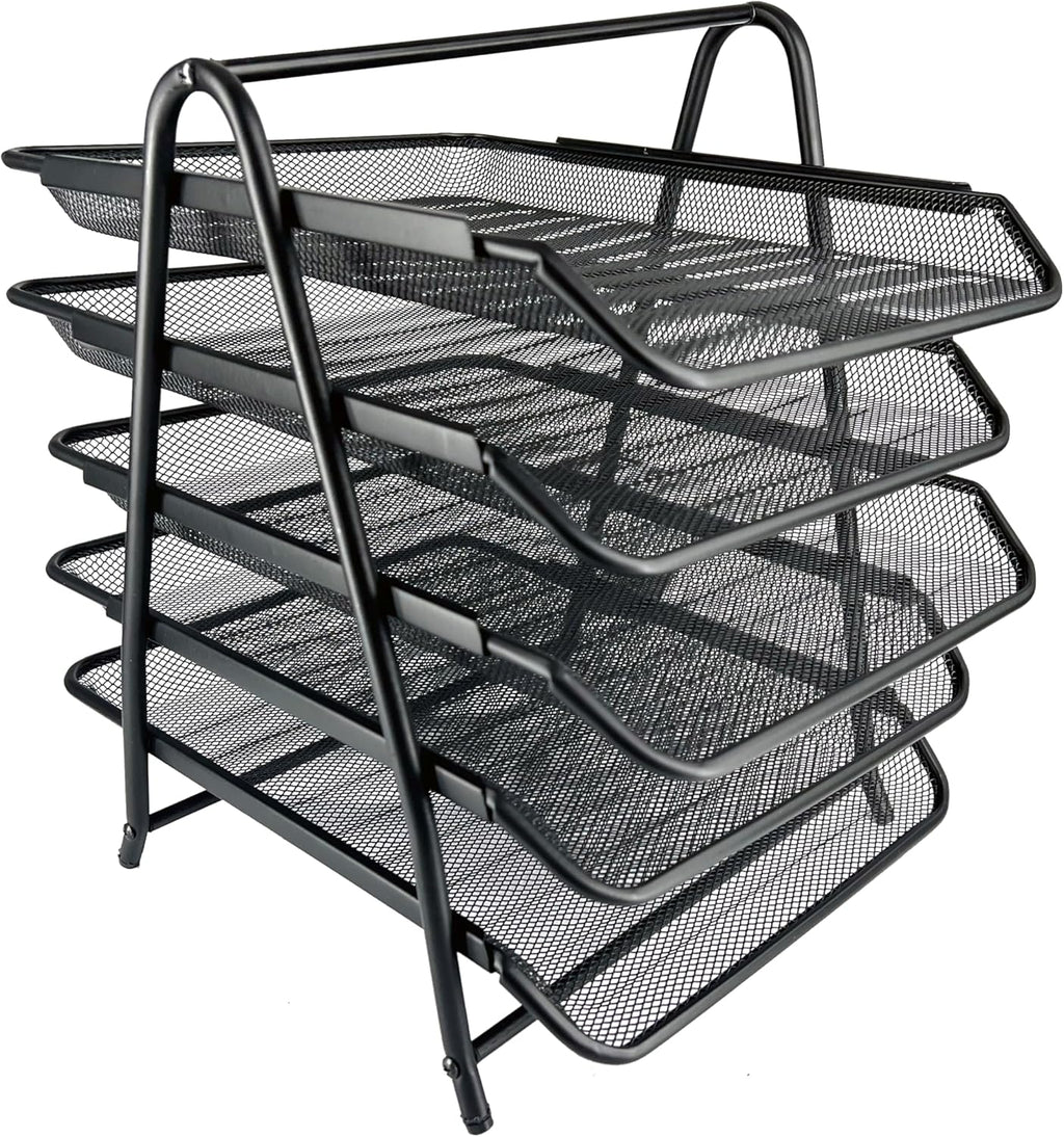 Huron Desktop Horizontal File Binder Organizer Storage Letter Tray, 5 Slot, Black Steel Mesh