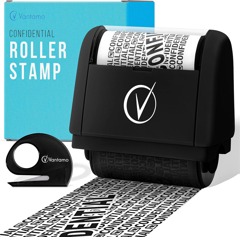 Vantamo Identity Theft Protection Roller Stamp for Hiding Sensitive Information, Wide Confidential Stamp with Box Cutter, Security Stamp Roller for Identity Theft Prevention, Black