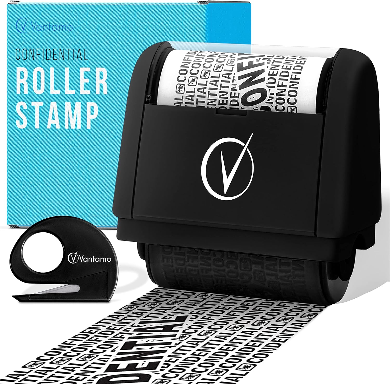 Vantamo Identity Theft Protection Roller Stamp for Hiding Sensitive Information, Wide Confidential Stamp with Box Cutter, Security Stamp Roller for Identity Theft Prevention, Black