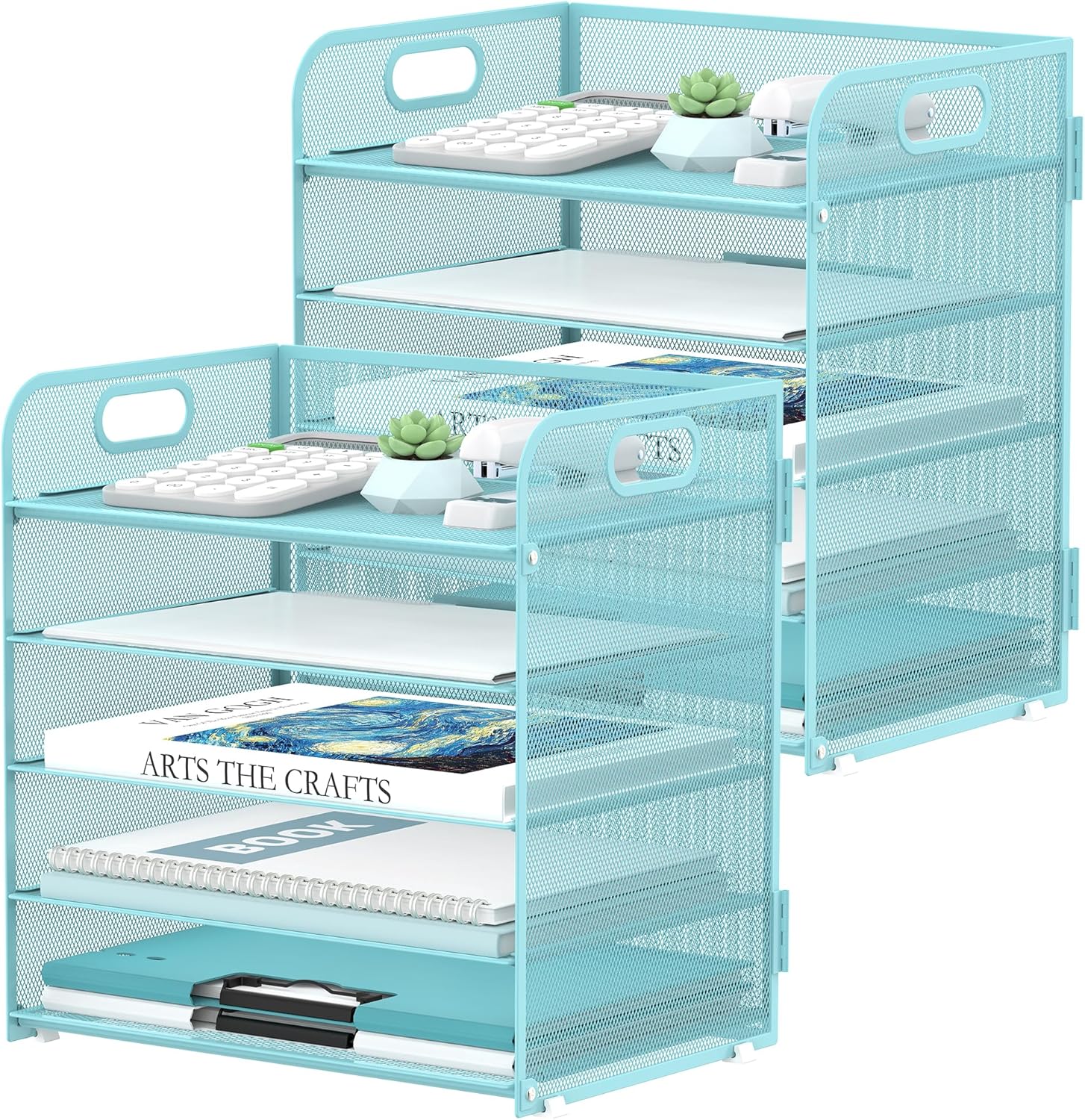 2 Pack 5-Tier Blue Desk Organizer with Handle Mesh Desk File/Paper Organizer Letter Tray for Office, School and Home Easy Installation