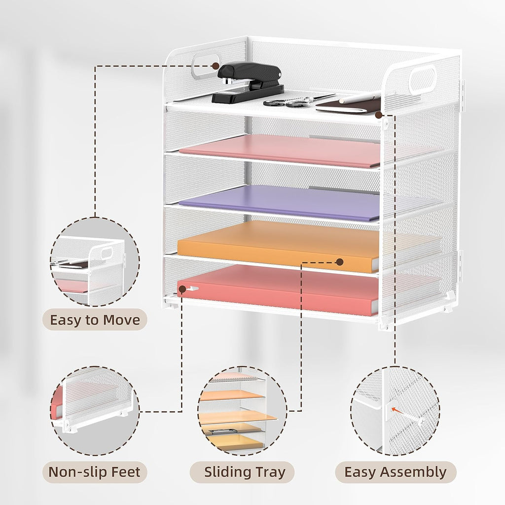 Supeasy 5 Trays Paper Organizer Letter Tray with Handle-Mesh Desk File Organizer, Paper Sorter Desk Organizer for Office, Home or School
